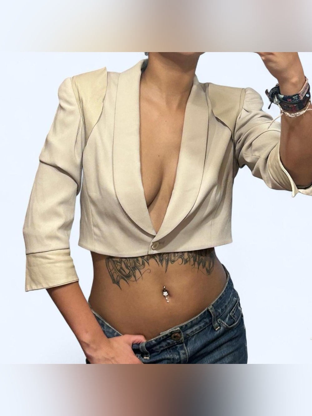 Grunge Beige Cropped Leather Blazer by Alice + Olivia!